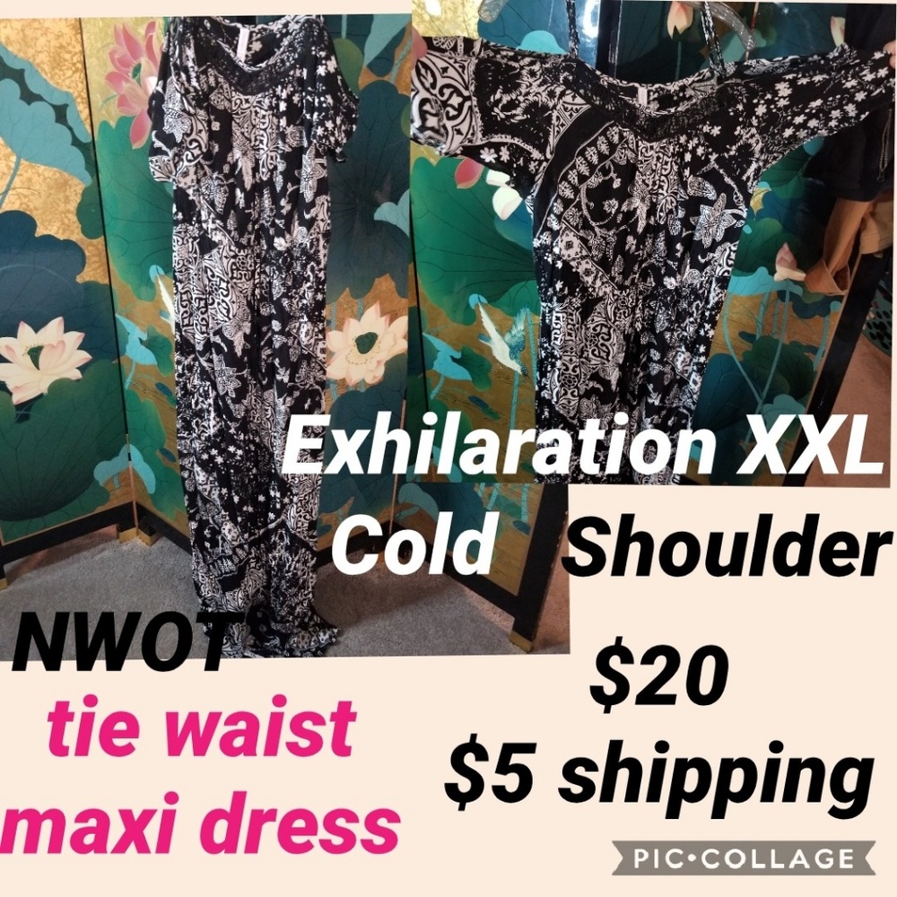 NWOT cold shoulder maxi dress, drawstring waist fl